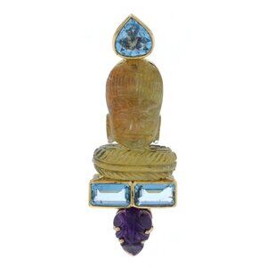 Yellow Gold Citrine Aquamarine Buddha Head Brooch - 18k 5.80ctw Carved Pin